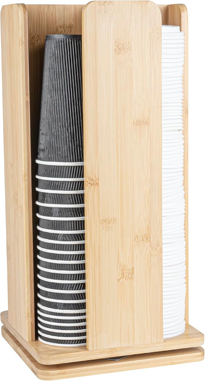 Restaurantware Restpresso 9 x 18 Inch Coffee Cup and Lid Organizer 1 Revolving Cup and Lid Holder - 4 Section Countertop Natural Bamboo Cup and Lid Dispenser For Restaurants Homes or Offices