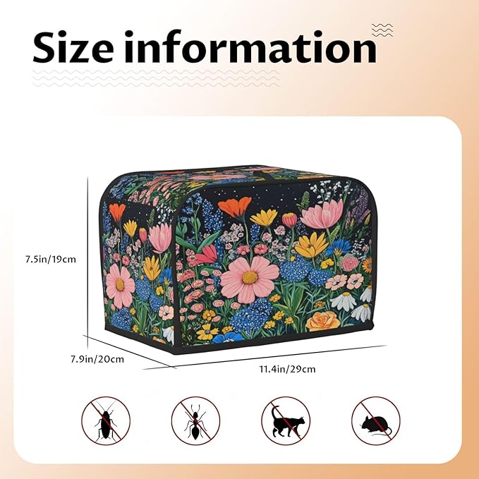2 Slice Toaster Cover for Kitchen Wildflower Art Floral Black aterproof and Dustproof Toaster Dust Cover with Side Pockets Decorative Universal Cover for Wide Slot Toasters and Small Appliances