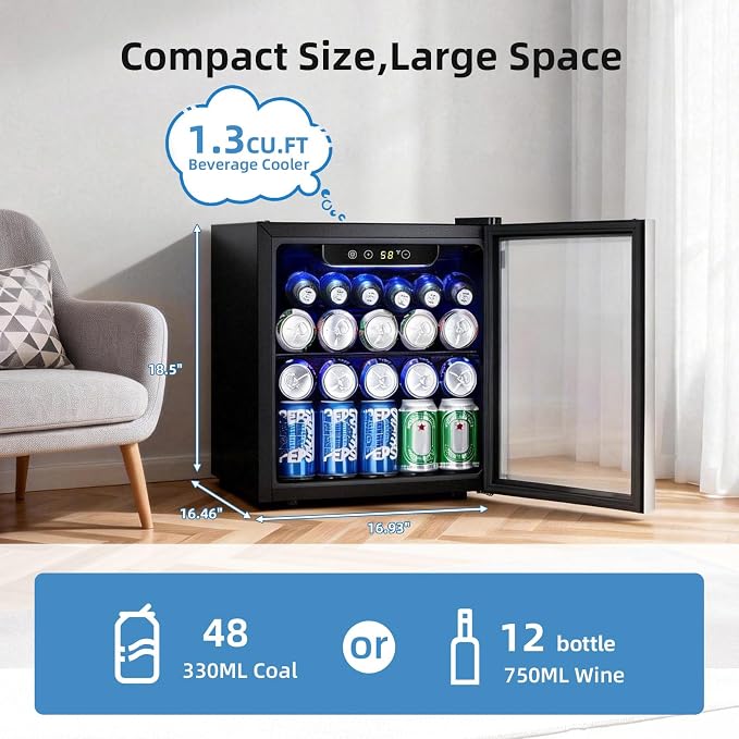 Antarctic Star Beverage Cooler Holds Up to 48 Cans & 12 Wine Bottles, Stainless Steel Glass Door Drink Fridge with Digital Display and Electronic Temperature Control, Silver