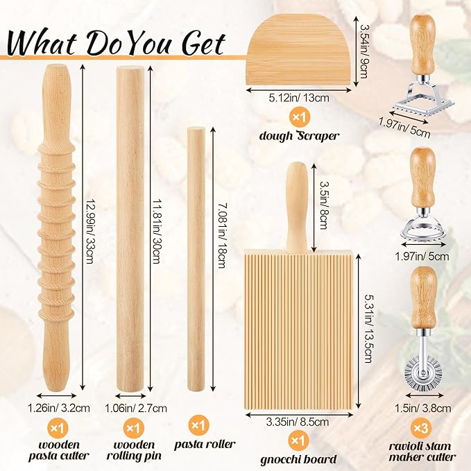 Tioncy 9 Pcs Pasta Making Tools Set Include Wooden Gnocchi Board Potato Ricer Wooden Gnocchi Cutter Ravioli Rolling Pin Pasta Roller Dough Scraper 3 Ravioli Stamp for Kitchen Handmade Gift