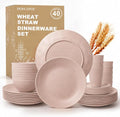 Wheat Straw Dinnerware Sets for 8, 40 Piece Unbreakable Dinnerware Set, Plates and Bowls Sets, Kitchen Plates and Bowls Set, Lightweight Dish Set for Travel Camping Party Outdoor Use - Muted Pink