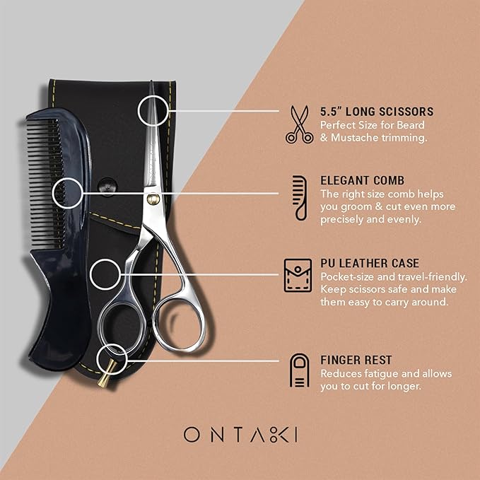 Ontaki Japanese Mustache & Beard Scissors - 5.5" 420C Steel Left Hand - Ergonomic Bent-Handle Hair Shears for Precision - Pro-Grade Blades for Barber Scissors - Beard Trimming Kit with Comb & Pouch