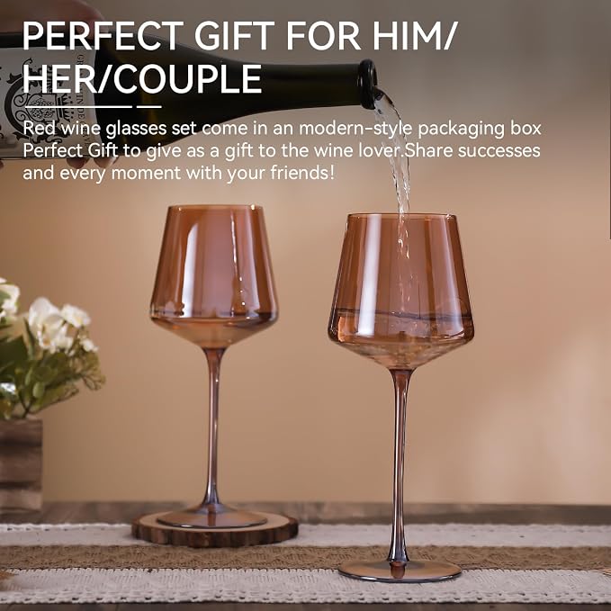 Brown Wine Glasses Set of 6,18oz Dark Amber Wine Glassware Gift Set for Party Brown Hand Blown Glass Drinkware for Red White Wine gifts set for wine lovers