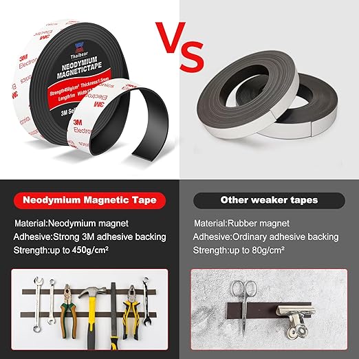 Neodymium Magnetic Tape, Flexible Magnet Tape Strips Roll (1/2'' Wide x 3.3 ft Long) with Strong 3M Adhesive Backing, Magnetic Strips Heavy Duty Perfect for Wall, DIY, Art Projects & Fridge