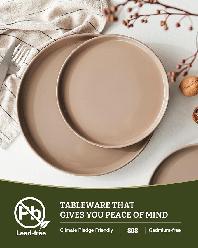 Famiware Milkyway Stoneware Dinnerware Sets with Mugs, Service for 4 (16pcs), Plates and Bowls Sets, Scratch Resistant, Microwave and Dishwasher Safe Dishes Set, Cinnamon Brown