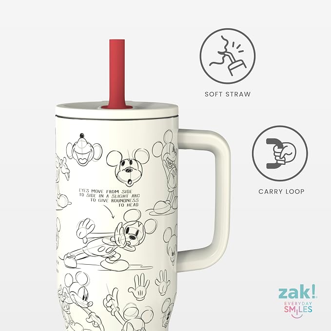 Zak Designs Disney Sutton Travel Tumbler for On the Go, 30oz Stainless Steel with Vacuum Insulation, Silicone Straw, and Carry Handle for Cold Drinks (Mickey Mouse Sketch)
