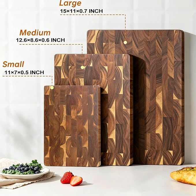 Premium 3-Piece End-Grain Cutting Board Set, Wooden Cutting Boards for Kitchen, Reversible Chopping Board, Built-In Handles, Knife-Friendly,Durable Butcher Block for Kitchen Prep & Charcuterie Serving