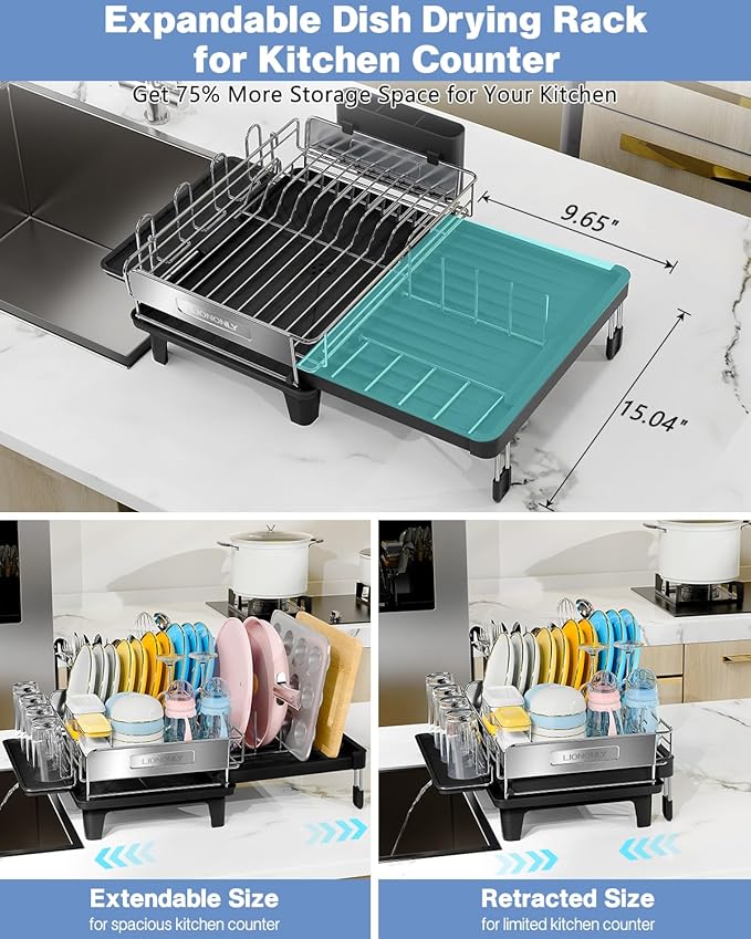 Expandable Dish Drying Rack, Dish Racks for Kitchen Counter, Stainless Steel 304, Flip-Top Retractable Plate, Multi-Directional Adjustable Dish Rack, Space Saving Large Drying Rack Kitchen, Black