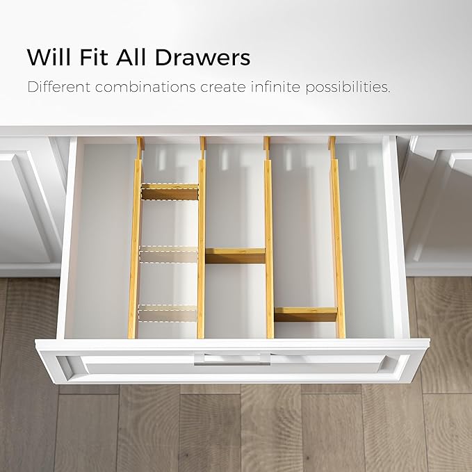 EcoFives Adjustable Bamboo Drawer Dividers with Inserts, Expandable Spring-Loaded Drawer Organizer for Kitchen, Clothes, Tools, Silverware, Bamboo Organizer Separators - 4 Large Pieces