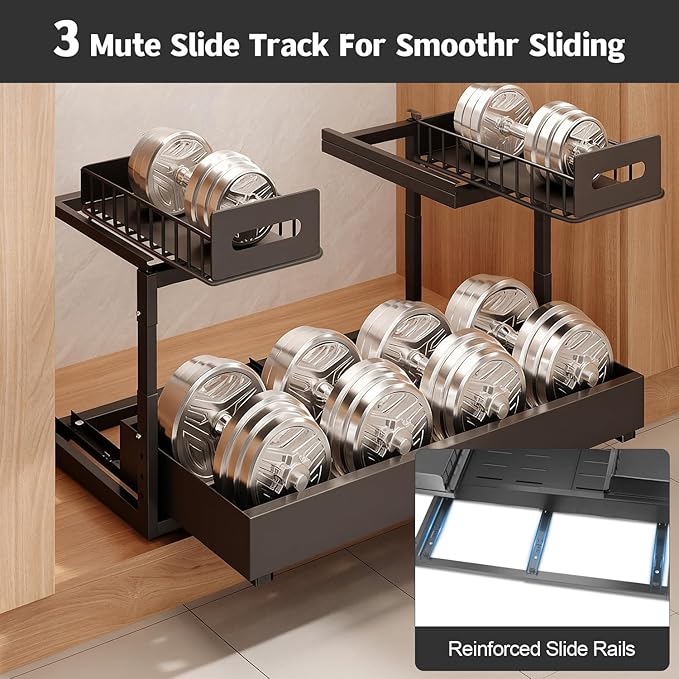 Buwico Expandable under cabinet organizer, 2-Tier under sink organizer with Reinforced Ball-Bearing slide rail, Slide-Out sink Shelf Height Adjustable, Durable and rust-proof for Kitchen & Bathroom