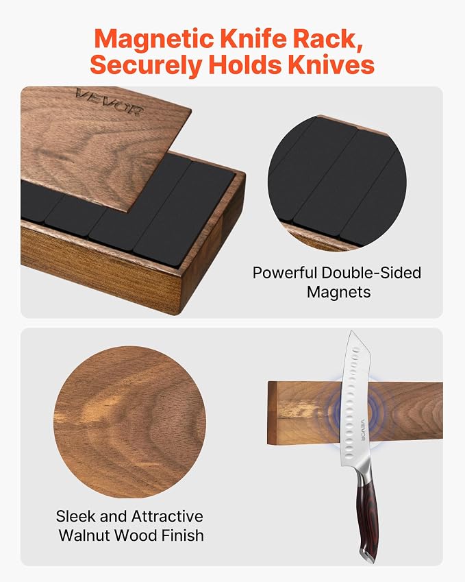 VEVOR Kitchen Knife Set, 6 Piece High Carbon Stainless Steel Sharp Knife Set, Professional Kitchen Cutlery with Ergonomic Crack-Resistant Handle, and Walnut Finish Powerful Magnetic Knives Holder