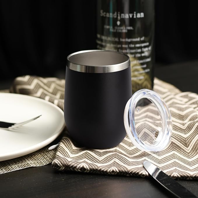DOMICARE Stainless Steel Wine Tumbler Bulk with Lid, Personalized Insulated Tumblers Set, 12oz Travel Coffee Cups Pack of 12, Black