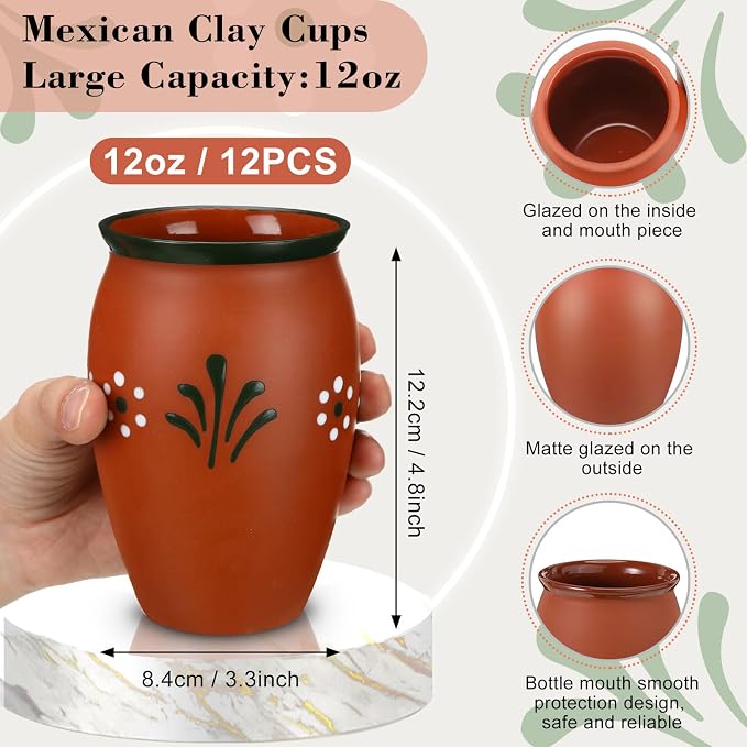 Gejoy 12 Pack 12oz Cantaritos de Barro Mexicanos Mexican Clay Cup Pottery Fiesta De Barro Mexicanos Cocktail Cups Coffee Mugs Cocktail Tea Glasses for Margaritas Mojitos (Cute,Red)