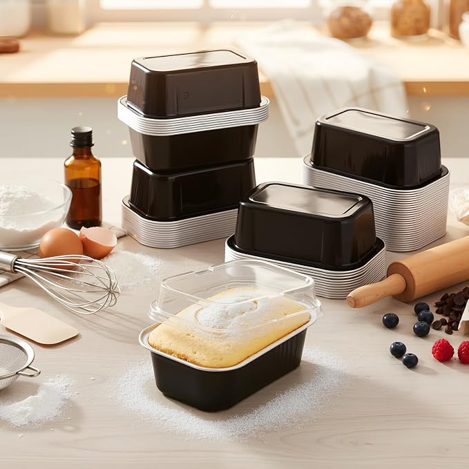 Vesici 100 Sets Mini Loaf Pans with Lids, 5.7 oz Disposable Aluminum Foil Baking Cups, Rectangle Cake Pans for Baking Storage Birthday Party(Black Silver)