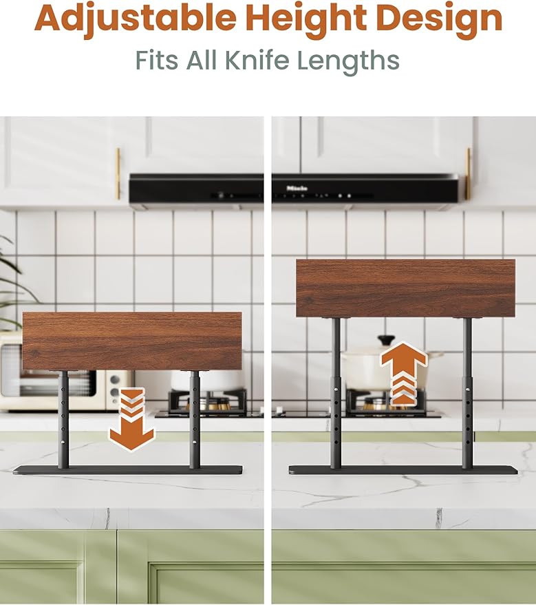 NiHome Magnetic Knife Holder, Adjustable Height (8.66–11.81") Acacia Wood Knife Block, Double-Sided Magnet Stand with Heavy Duty Metal Base, Non-Slip Organizer for Kitchen Countertop