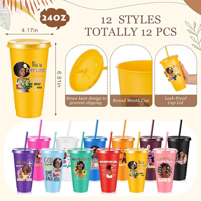 Hollowfly 12Set/48Pcs African Americans Black Women Christian Gifts Set Include 24oz Coffee Cup with Lid and Straw, Makeup Bags, Mirrors, Notepad, Black Owned Inspirational Gift for Women(Colorful)