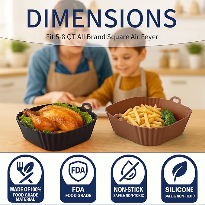 Boribim 9 Inch Large Air Fryer Silicone Liners - 2 PCS Square Reusable AirFryer Basket Liners for 5-8QT Air fryer, Air fryer Accessories for Baking Roasting Microwave (Black + Brown)