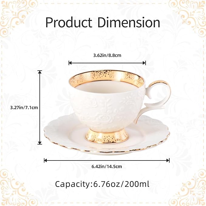 KAMMAK Tea Cups and Saucers Set of 2, 6.7oz Porcelain Coffee Cups with Saucers, Ceramic Espresso Mugs for Coffee, Latte, Americano, Tea, Elegant Teacup and Saucer (YFH15)