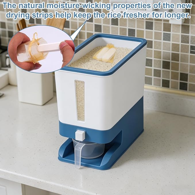 Mity rain Rice Dispenser 20 Lbs with Moisture Absorbing Clay, Rice Storage Container with Measuring Cup, 12 L Cereal Containers Storage Airtight for Kitchen Pantry Organization Blue