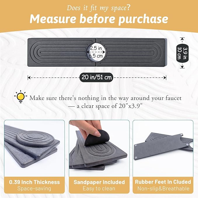 Diatomite Sink Mat around Faucet, Instant Dry Stone Sink Tray Cleaning Tools Holder Prevents Moisture Buildup, Sink Splash Guard for Bathroom Laundry Counter, Elegance Stylish Birthday Gift, Dark Gray