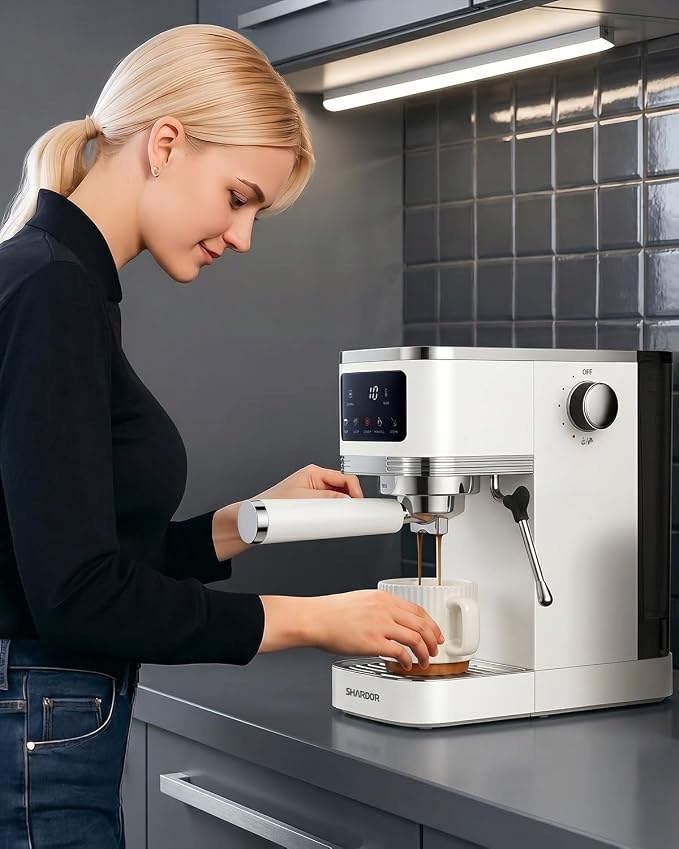 SHARDOR Espresso Machine 20 Bar, Professional Espresso Machine with Milk Frother and Touchscreen, Expresso Coffee Machines with Adjustable Temperature,for Cappuccino, Latte, Stainless Steel, White