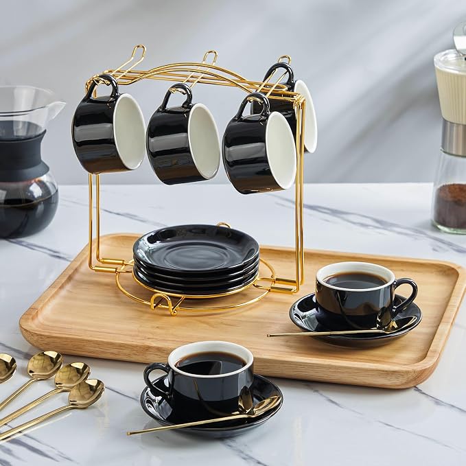 YOLIFE Espresso Cups with Saucers Set and Gold Metal Stand, 2.5oz Expresso Shots Cup with Stand & Saucers, Ceramic Coffee Espresso Cups Set of 6, Black