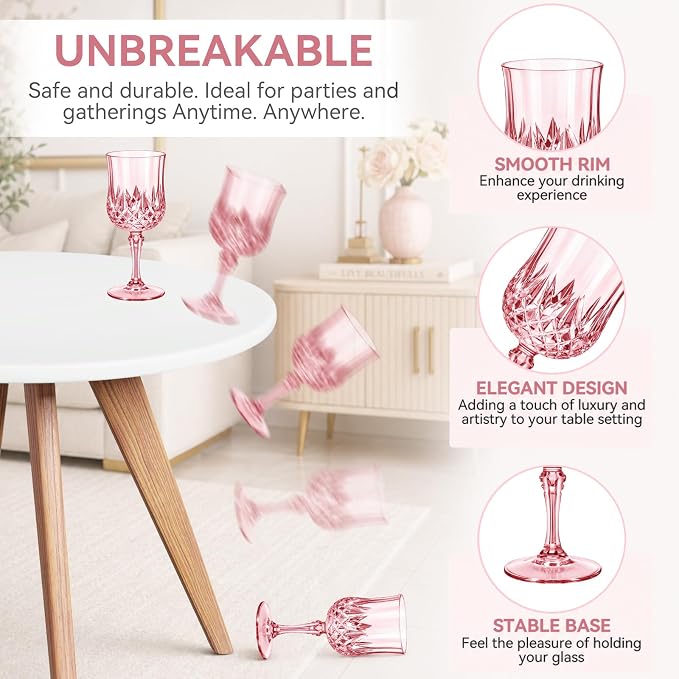 Sliner 96 Pcs 7oz Plastic Vintage Wine Glasses Drinking Goblets Unbreakable Crystal Water Glassware Reusable Diamond Champagne Flutes Cups for Wedding Banquet Birthday Party Supplies (Pink)