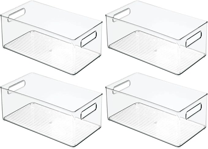mDesign Deep Plastic Storage Organizer Container Bin, Closet Organization for Hallway, Bedroom, Linen, Coat, and Entryway - Holds Clothing, Blankets, Accessories, Toys, Ligne Collection, 4 Pack, Clear