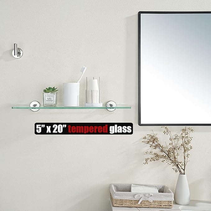 JQK Bathroom Glass Shelf Chrome, Tempered Glass Shower Storage 20 by 5 inches, 304 Stainless Steel Polished Chrome Wall Mount, TGS101L20-CH