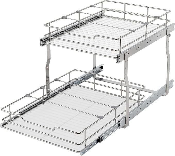 Garvee 2-Tier Pull Out Cabinet Organizer, Pullout Shelf and Drawer Organizer with Heavy-Duty Steel Frame, Slide Out Storage Basket for Kitchen, Pantry & Under Sink, 14" W x 21”D x 15" H