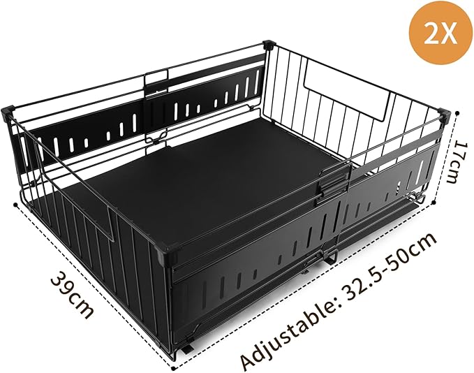 Expandable Pull Out Cabinet Organiser, No Drill Adhesive Slide Out Kitchen Drawer Shelf Durable Metal for Under Sink, Cupboard, Pantry, Adjustable Width (12.8"-19.7") (Style A Black, 2 Pack)
