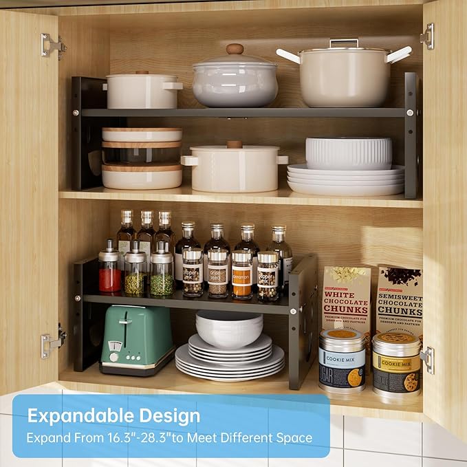 Fun-Face Expandable Cabinet Shelf Organizer,Adjustable Height & Width, Stackable Metal Storage Rack,Kitchen Spice Rack, Pantry Shelf, Countertops (2, Black)