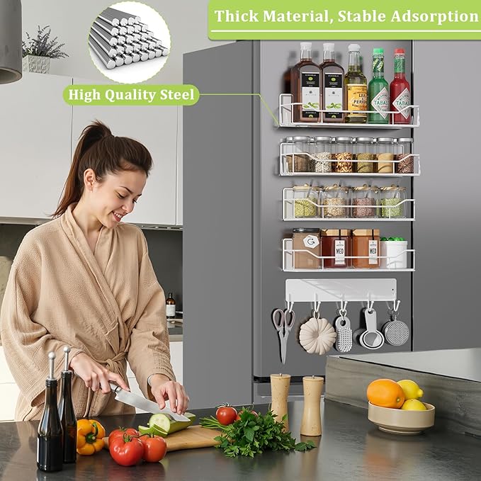 Magnetic Spice Rack for Refrigerator, 5 Pack Metal Strong Magnet Spice Organizer Shelves with Hook Rack, Space Saving Magnetic Fridge Shelf for Home Kitchen Organization and Storage (White)