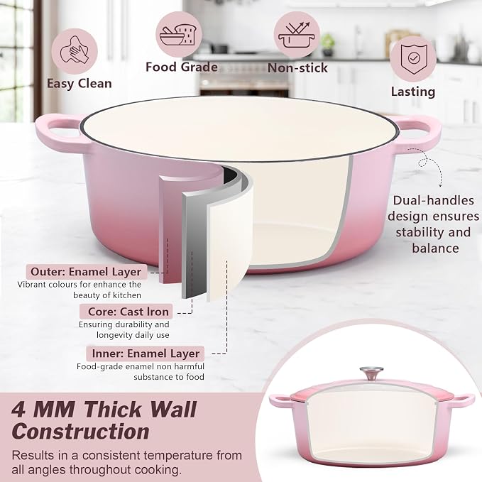 P&P CHEF Oval Dutch Oven with Lid, Enameled Cast Dutch Oven Pot for Bread Baking, Braising, Stewing, Roasting, Non-Stick & Oven Safe, Dual Handles & Easy Clean, 7QT & Pink, Valentine's Day