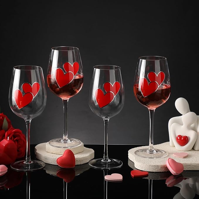 SiliFine 4 Pcs Valentine's Day Red Hearts Theme Party Stemmed Wine Glasses Hand Painted Red Heart Drinking Cup Wine Glasses Gifts for Birthday Theme Holiday Party Supplies