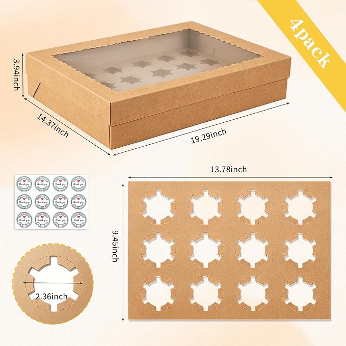 24 Count Cupcake Boxes, 4 Pack White Cupcake Containers with Windows and Inserts, Disposable Cupcake Carriers for Muffins, Treats, Pastries, 19 x 14 x 3.9 Inches (Brown, 24Count /4Pcs)