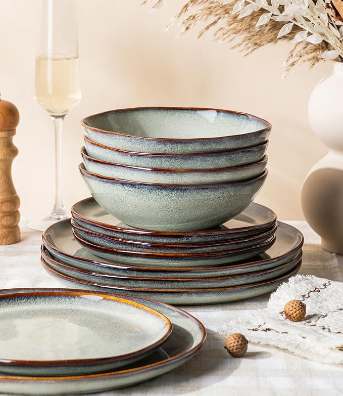 GBHOME Stoneware Dinnerware Sets for 4, 12 Pieces Rustic Earthenware Plates and Bowls Set, Handmade Reactive Glaze Ceramic Plate Sets, Chip Resistant Dishes, Microwave & Dishwasher Safe, Earthy Sage