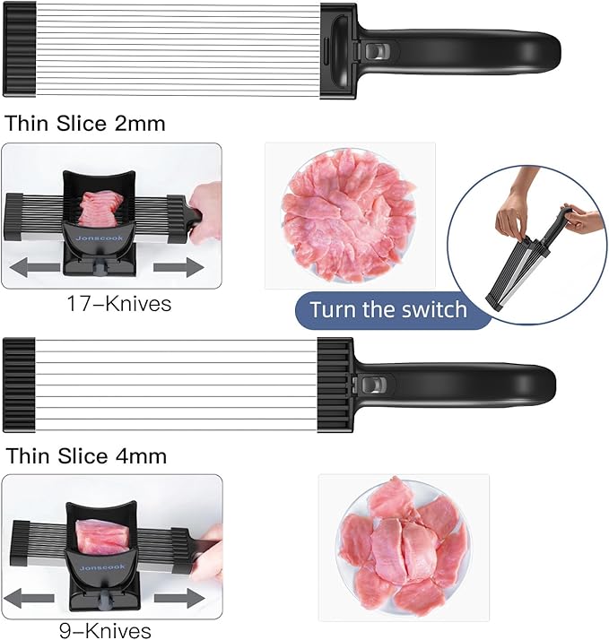 Manual Meat Slicer for Fresh Raw Meat (with Steady Grip), Meal Prep, Adjustable Thickness 2mm or 4mm, 17 Blades get 18 Meat Slices, Meat Cleavers can be Sliced, Striped, Diced -Black