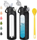 chunmo 24 oz Glass Water Bottles with 2 Lids-Handle Spout Lid & Straw Lid, Motivational Water Bottle with Time Marker and Silicone Sleeve,Leakproof-Black-1 Pack