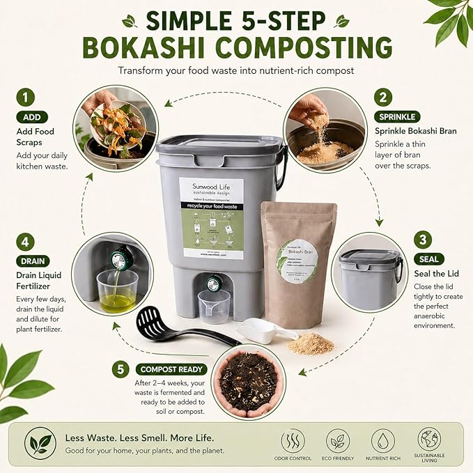 Bokashi Composting Kit, 5-Gallon Indoor Kitchen Composter - Gray, with 2.2 lb Premium Bokashi Bran, Odor-Reducing Food Waste Recycling System, US Patented