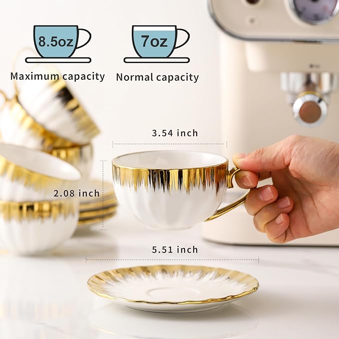 LETAOTAO Cappuccino Cups with Saucers, 7 oz Porcelain Double Espresso Cups Set, Ceramic Turkish Coffee Cups with Gold Trim, Tea Cups Set of 6, Cafe Cups for Latte, Mocha, Au Lait, White