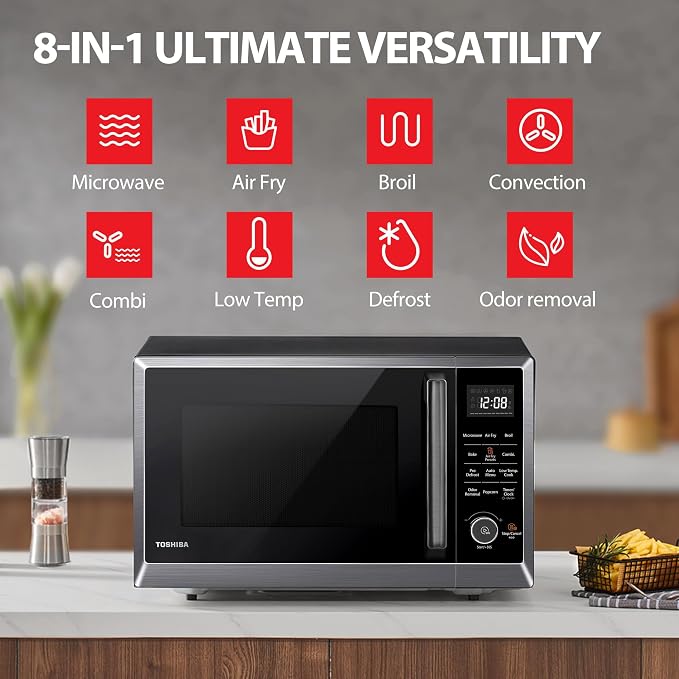 TOSHIBA Air Fryer Combo 8-in-1 Countertop Microwave Oven, with Convection, Broil, Odor Removal Mode, 12.4" Position Memory Turntable, Child-Lock, 1.0 Cu.ft, Black Stainless Steel, ML2-EC10SA(BS) A
