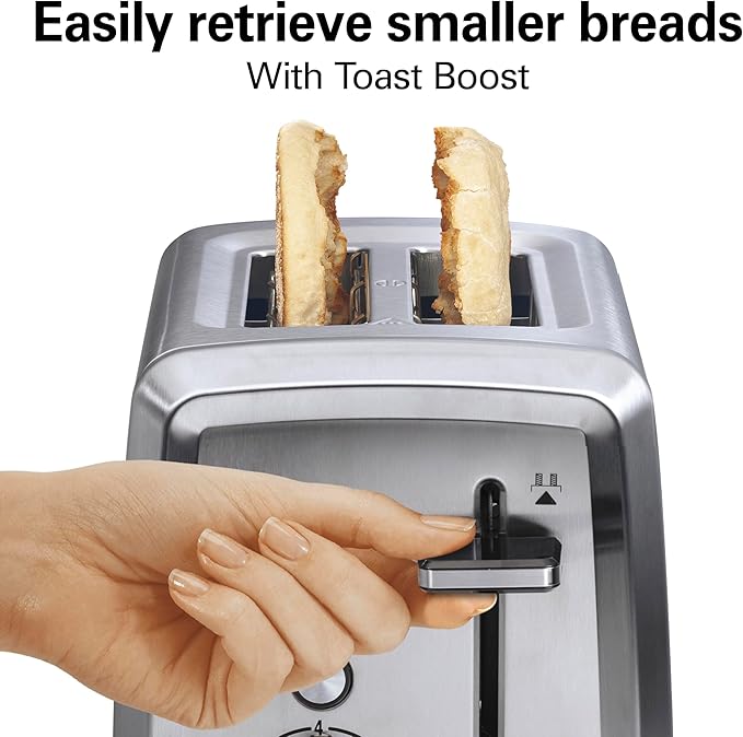 Hamilton Beach 2 Slice Toaster with Extra-Wide Slots, Bagel Setting, Toast Boost, Slide-Out Crumb Tray, Auto-Shutoff & Cancel Button, Defrost Function, Stainless Steel (22794)