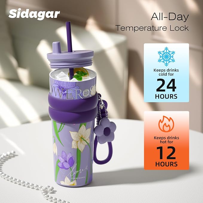 24 oz Stainless Steel Tumbler with Lid and Straw, Insulated Coffee Mug, Leak Proof, Portable Iced Travel Water Bottle, Reusable Thermal Coffee Cup, Floral Purple