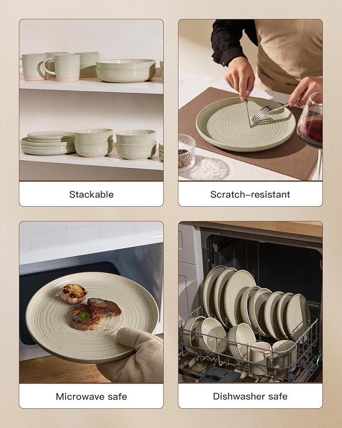 24-Piece Stoneware Dinnerware Sets for 6 with Pasta Bowls – Speckled Glaze with Spiral Design, Coupe Plates and Bowls - Chip & Scratch Resistant, Microwave & Dishwasher Safe, Honey