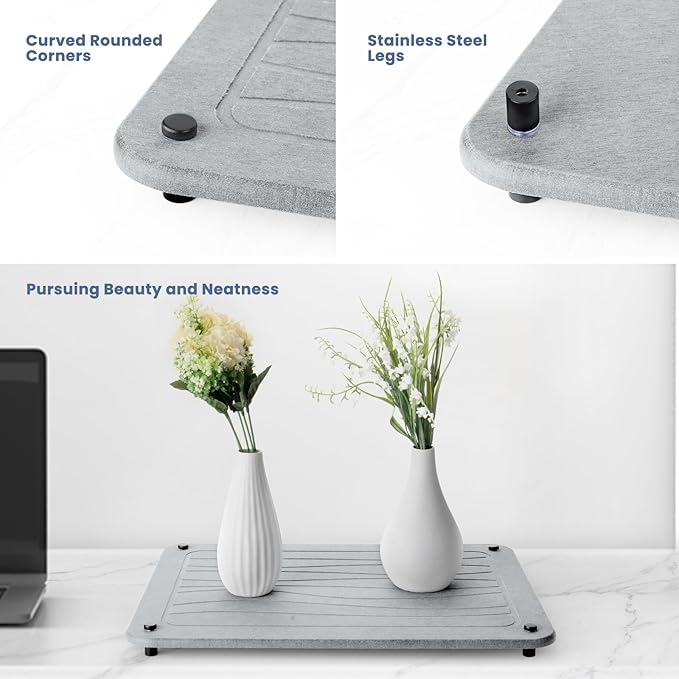 Stone Dish Drying Mats for Kitchen Counter 15.7"x 11.8" Quick Dry Stone Drying Mat Super Absorbent Diatomaceous Earth Drying Mat with 4 Non-Slip Stainless Steel Feet for Dishes&Cups Light Grey