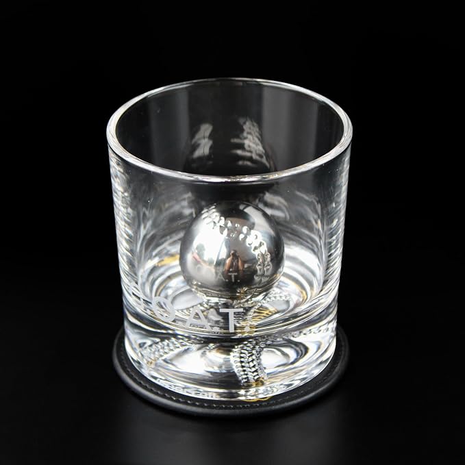 NobleSip® Whiskey BASEBALL Glasses 𝗣𝗥𝗘𝗠𝗜𝗨𝗠 Set: 2 Glasses, 2 Steel Chilling Balls, 2 Coasters. Best for a Player, Coach, Fan to enjoy his Old Fashioned, Cocktails. Home bourbon bar gift