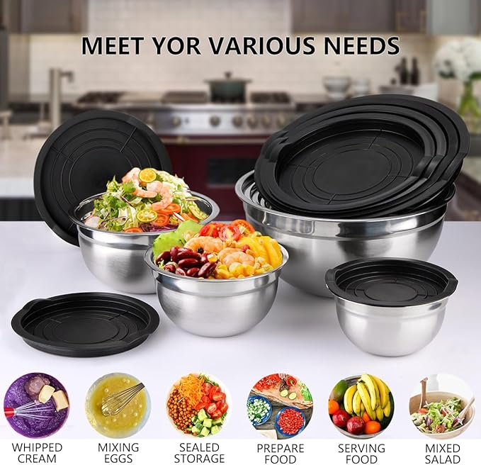 Leidawn Mixing Bowls with Lids set - 25 PCS Stainless Steel Nesting Black Mixing Bowls Set for Baking, Mixing, Serving & Prepping, Size 5, 3.7, 2.8, 2.3, 1.7, 1.1, 0.7QT, 11 Cooking