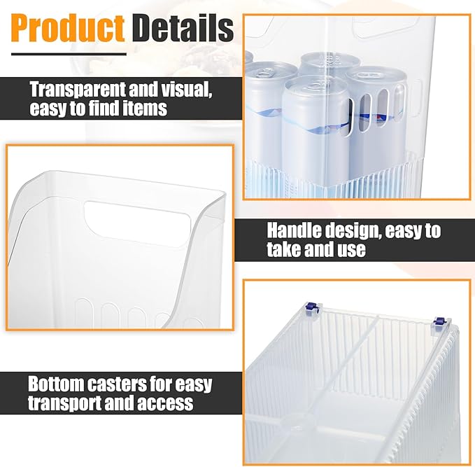 Qunclay 6 Plastic Freezer Organizer Bins with Wheel Set Clear Tall Narrow Kitchen Pantry Organizer Snack Storage Containers for Office Refrigerator(10 x 13.3 x 5.5 Inches)