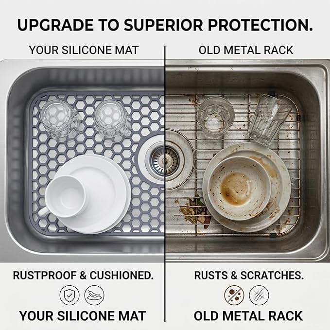 Silicone Sink Protectors for Kitchen - Non-Slip Heat Resistant Grid Mat for Farmhouse Porcelain Stainless Steel, Protects & Cushions Your Sink(Gray 1PCS, 26"x14" Center Drain)